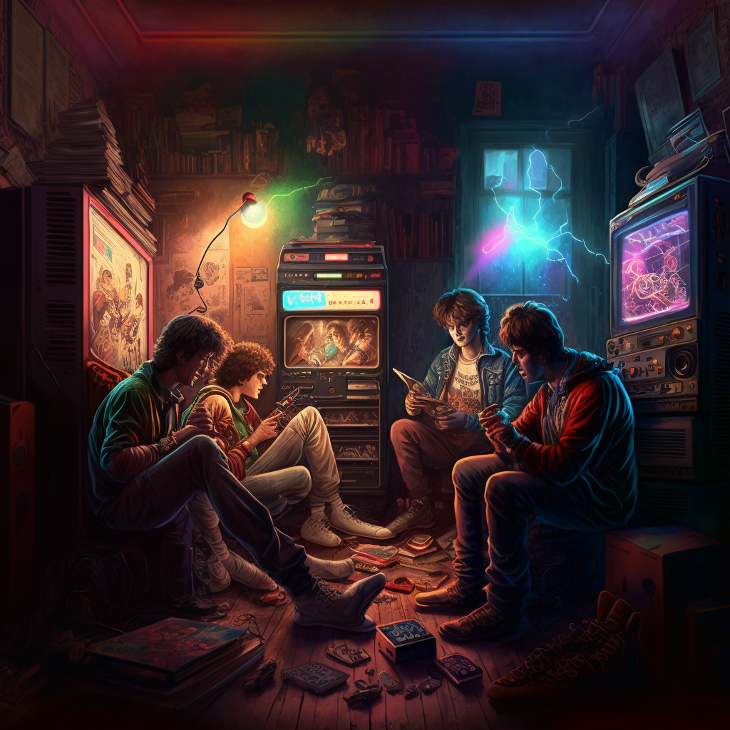 Four friends hanging out in a warm, cluttered 1980s basement arcade